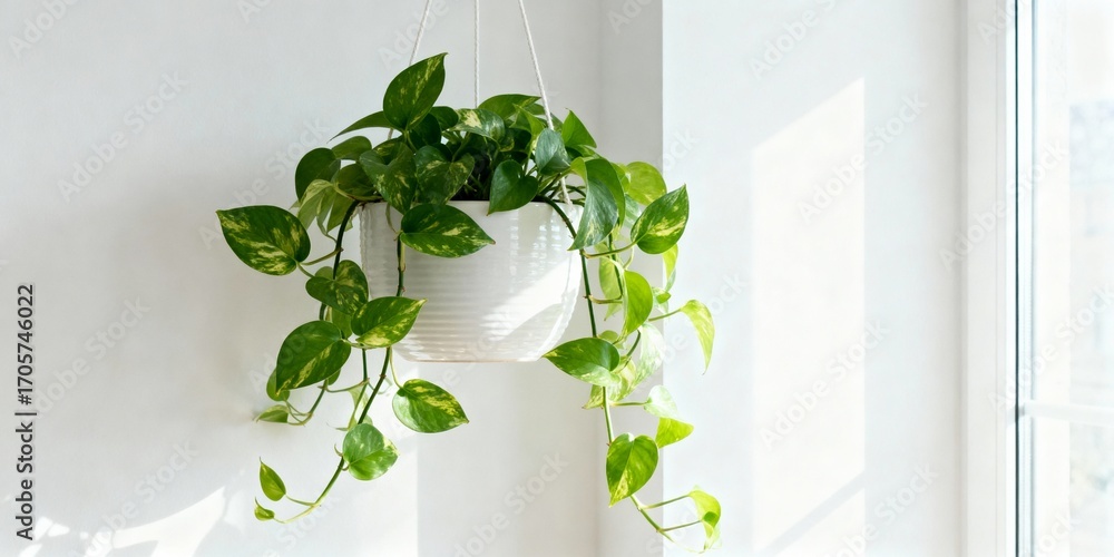 Obraz premium Vibrant green pothos plant in white ceramic hanging planter against white wall in sunlit apartment