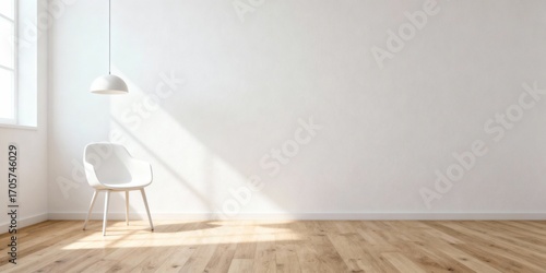 White modern chair under minimalist pendant lamp on plain wall, Scandinavian design, soft natural light