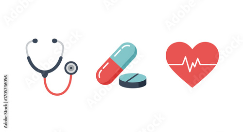 Illustrative icons of a stethoscope, capsule pill, tablet and heart with heartbeat line on a white background, concept for medical diagnosis, pharmaceutical products and healthcare promotion
