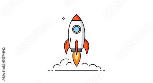 Cartoon rocket launching with fire and smoke on white background, concept for startup business, project development and innovation technology ideas