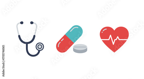 Icons of stethoscope, pill capsule, round tablet and heart with electrocardiogram line on white, concept for healthcare diagnostics, medical treatment and cardiology awareness