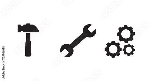Isolated simple illustration of black silhouette hammer, wrench and gears on white background. Concept for construction services, mechanical repair and maintenance and industrial engineering