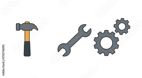 Illustration featuring a hammer, wrench and gears isolated on white backdrop with a simple design. Concept for repair service, industrial solutions and mechanical engineering visuals
