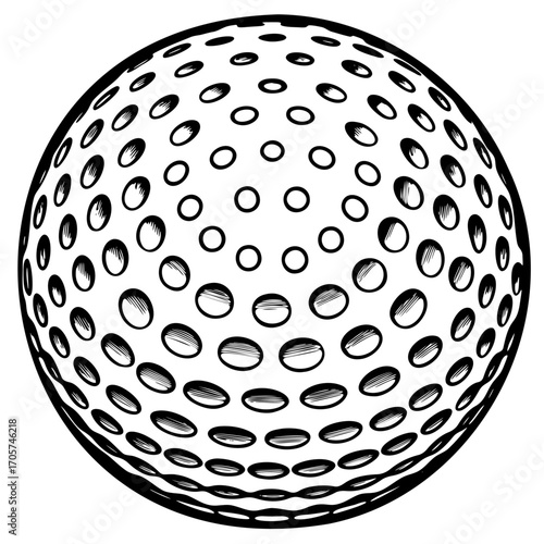 Detailed black and white illustration of a golf ball with geometric dimples