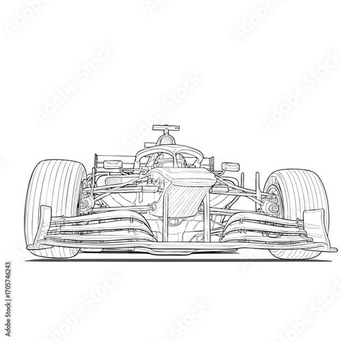 A detailed black and white line art illustration of a modern Formula 1 race car from a front view.