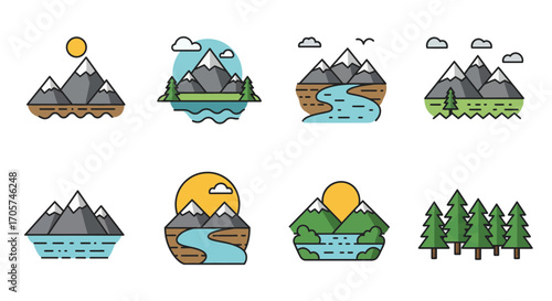 Collection of various mountain landscape icons with trees, river and sun in cartoon style. Concept for travel and tourism, nature exploration and outdoor adventure design elements