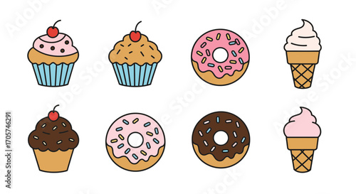 Colorful drawing illustration of assorted pastries including cupcakes, donuts and ice cream cones, concept for children's books, party invitations and food blog illustrations