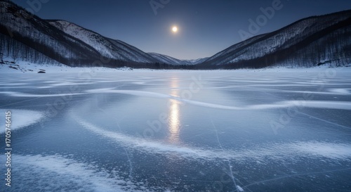 Frozen Lake with Moon and Mountains