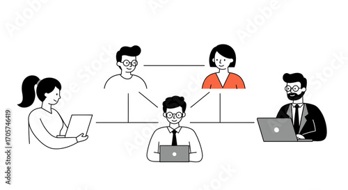 Minimalist illustration of diverse people connecting with laptops in a network diagram, showing collaboration and communication. Concept for remote teamwork, digital transformation and
