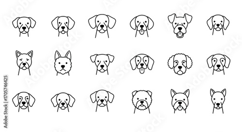 Set of various cartoon dog breeds outlines on white backdrop, minimalist line style, concept for pet shop emblem, veterinary designs and breed recognition educational material