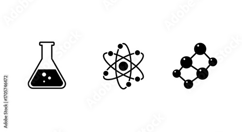 Illustration of lab flask, atom model and molecule structure with white background. Concept for scientific research, educational infographic and innovative discovery