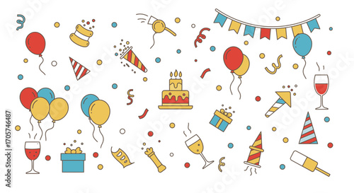 Festive line art illustration featuring balloons, confetti, gifts, cake and party favors scattered on white, concept for birthday celebration, greeting cards and festive event invitation designs