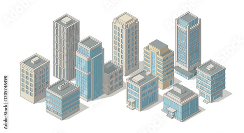Isometric illustration of various city buildings and skyscrapers on white background. Concept for urban planning, architectural visualization and real estate development