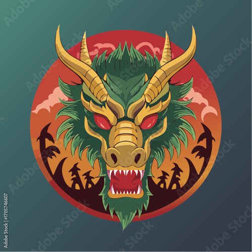 Stylized illustration of a fierce green dragon head with golden horns and glowing red eyes against a circular red background.