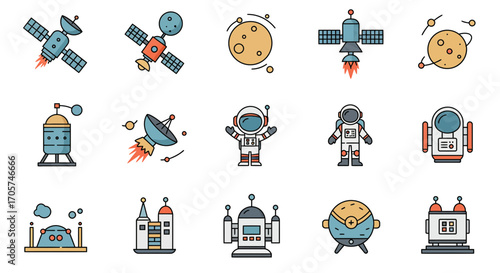 Space exploration icons include astronaut, satellite, planet and spacecraft in cartoon style. Concept for science education, futuristic technology and astronomical studies