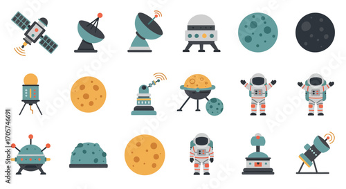 Space exploration themed flat vector icons, with satellites, planets and astronauts; concept for astronomy education, cosmic adventures and scientific illustration