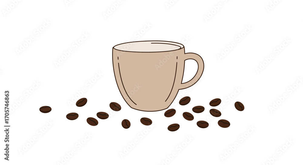 Obraz premium Minimalist illustration of a beige coffee cup with scattered roasted coffee beans on a white backdrop, concept for cafe menu design, coffee product promotion and morning beverage advertisement