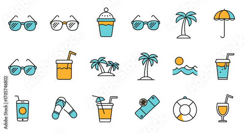 Collection of summer themed line icons featuring beverages, beachwear and nature symbols, concept for summer vacation planning, promotional travel content and resort advertising