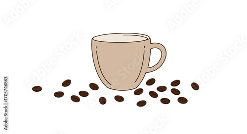 Minimalist illustration of a beige coffee cup with scattered roasted coffee beans on a white backdrop, concept for cafe menu design, coffee product promotion and morning beverage advertisement