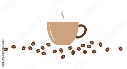 Stylized illustration of a steaming coffee cup surrounded by scattered coffee beans on a plain white background, concept for cafe menu design, beverage promotions and morning ritual imagery