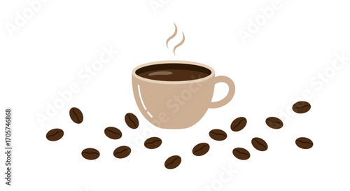 Vector illustration of a steaming coffee cup with scattered coffee beans on white background, concept for cafe menu design, morning beverage advertising and coffee shop promotion