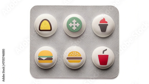 A blister pack of pills with food icons including a taco burger cupcake and soda on a white background silhouette
