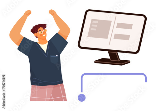 Man raising hands in excitement near desktop screen displaying data. Ideal for success, motivation, achievement, education, teamwork, productivity, business concept. Simple flat metaphor