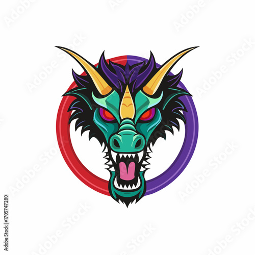 A fierce, stylized dragon head mascot logo with glowing red eyes and sharp teeth, set against a red and purple circular frame.