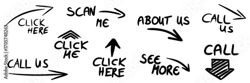 illustration: click here, about us, scan me and see more arrows and advertising badges, hand-drawn doodle style arrow set isolated on white or transparent png