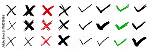 illustration: hand-drawn set of cross and check mark symbols isolated on white or transparent png