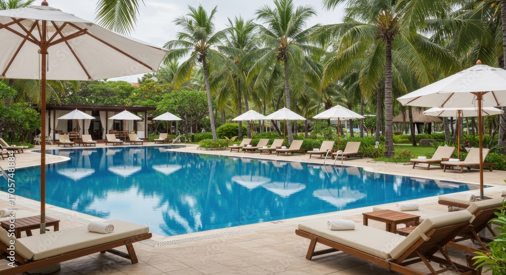 Fototapeta premium Luxury Tropical Resort with Swimming Pool and Palm Trees 