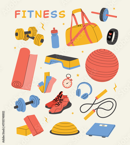 Fitness collection with cute workout equipment. Vector illustration of dumbbells, mat, sneakers, water bottle, ball, rope, kettlebell and sports set accessories. Isolated on white background.