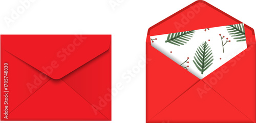 Christmas closed and open red envelope and card with christmas watercolor pattern