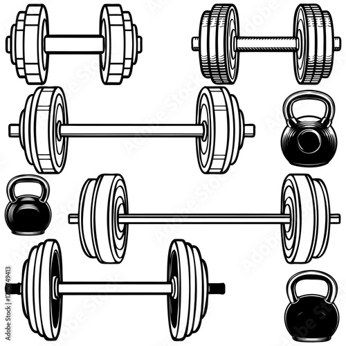 Assorted dumbbells and kettlebells, fitness equipment set for strength training