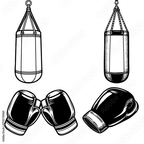 Vintage boxing equipment set including punching bags and gloves