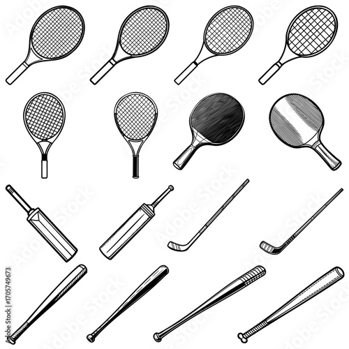 Assorted tennis and badminton rackets with various designs