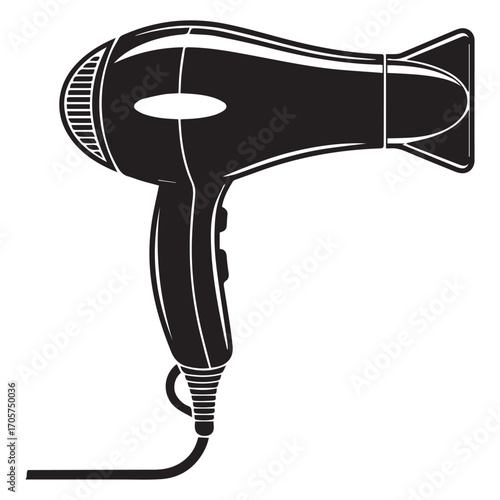 Black and White Hair Dryer Illustration on White Background