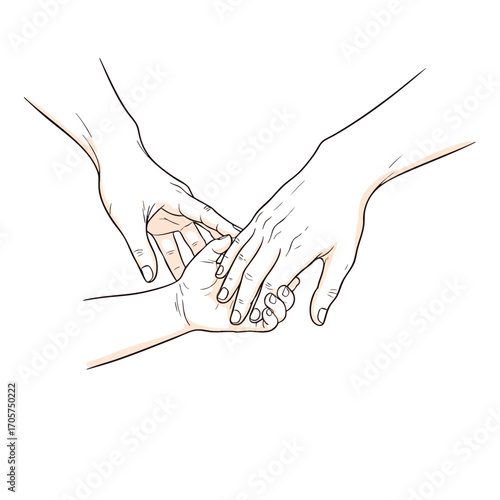 A gentle line drawing of two adult hands carefully holding a small childs hand.