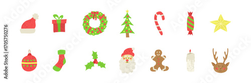 Colorful Christmas hand drawn set: gingerbread, candy, socks, star, candle, Santa Claus, Christmas decoration, reindeer, Christmas bauble.