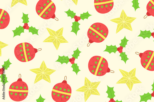 Colorful Christmas background with star, Christmas bauble, mistletoe, hand drawn.