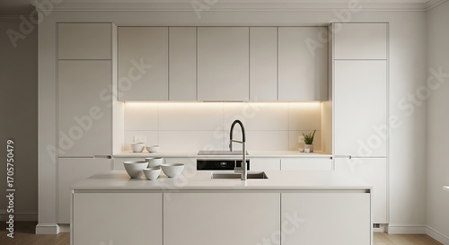 Modern kitchen design minimalist style with bright cabinetry and island for cooking and food preparation