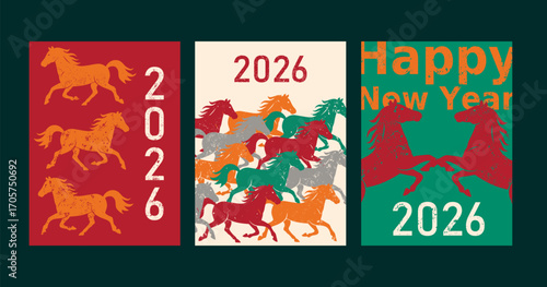 Chinese zodiac 2026 year of the horse illustration set with multiple horse silhouettes in red, green and orange festive holiday designs