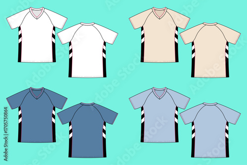 Sportswear V neck Soccer Jersey Colorway Set Fashion Technical Drawing Flat Sketch CAD Mockup Template.