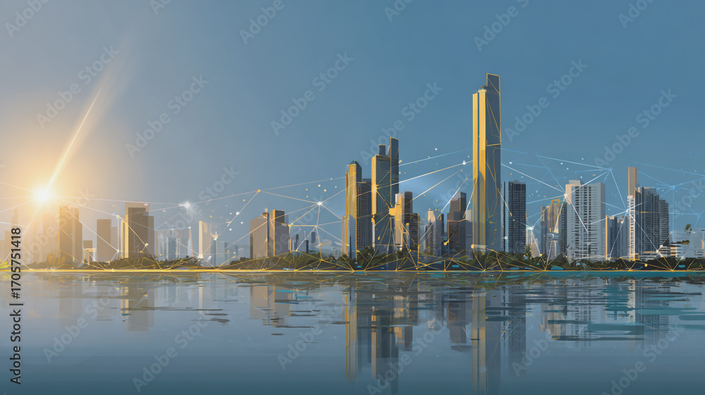 Obraz premium Sunshine in the Smart digital Innovation city with connection network reciprocity over the cityscape. of future smart wireless digital city and social media networking systems that connects