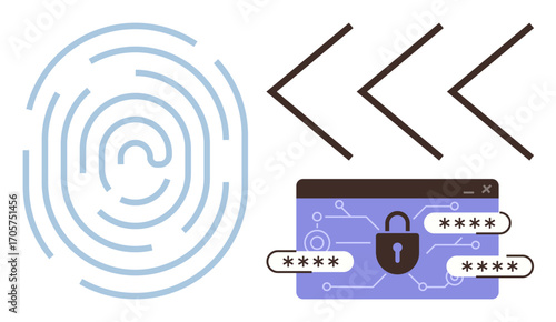 Fingerprint scan, password-protected interface with lock symbol, and data arrows. Ideal for cybersecurity, encryption, identity verification, digital safety, data protection, technology secure