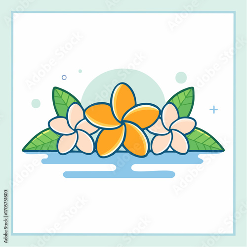Orange And Pink Frangipani Flowers With Green Leaves On Blue Water