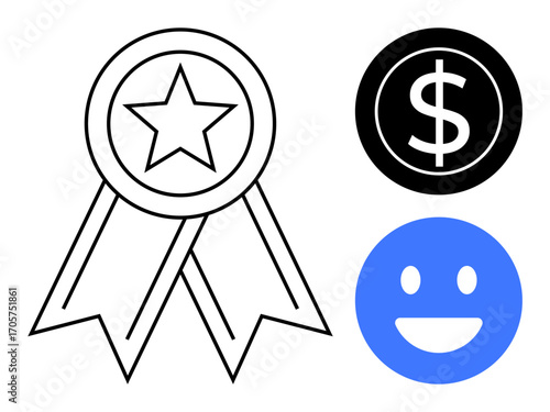 Medal with star, circular dollar sign, and happy face highlighting goals, success, and finance. Ideal for awards, achievement, satisfaction, motivation finance productivity simple landing page