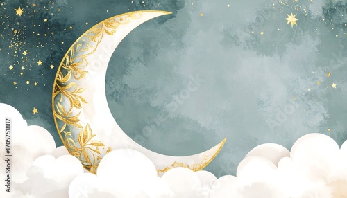Whimsical moon and clouds in a starry night sky