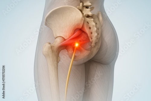 Posterior lateral medical anatomy illustration showing pelvis and upper thigh with piriformis muscle and sciatic nerve entrapment, piriformis syndrome causing sciatic nerve irritation and chronic pain