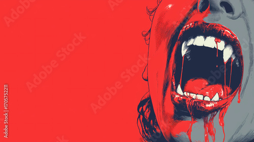 Screaming Vampire Face with Blood on Red Background – Bold Graphic Horror Poster with Fangs and Fear